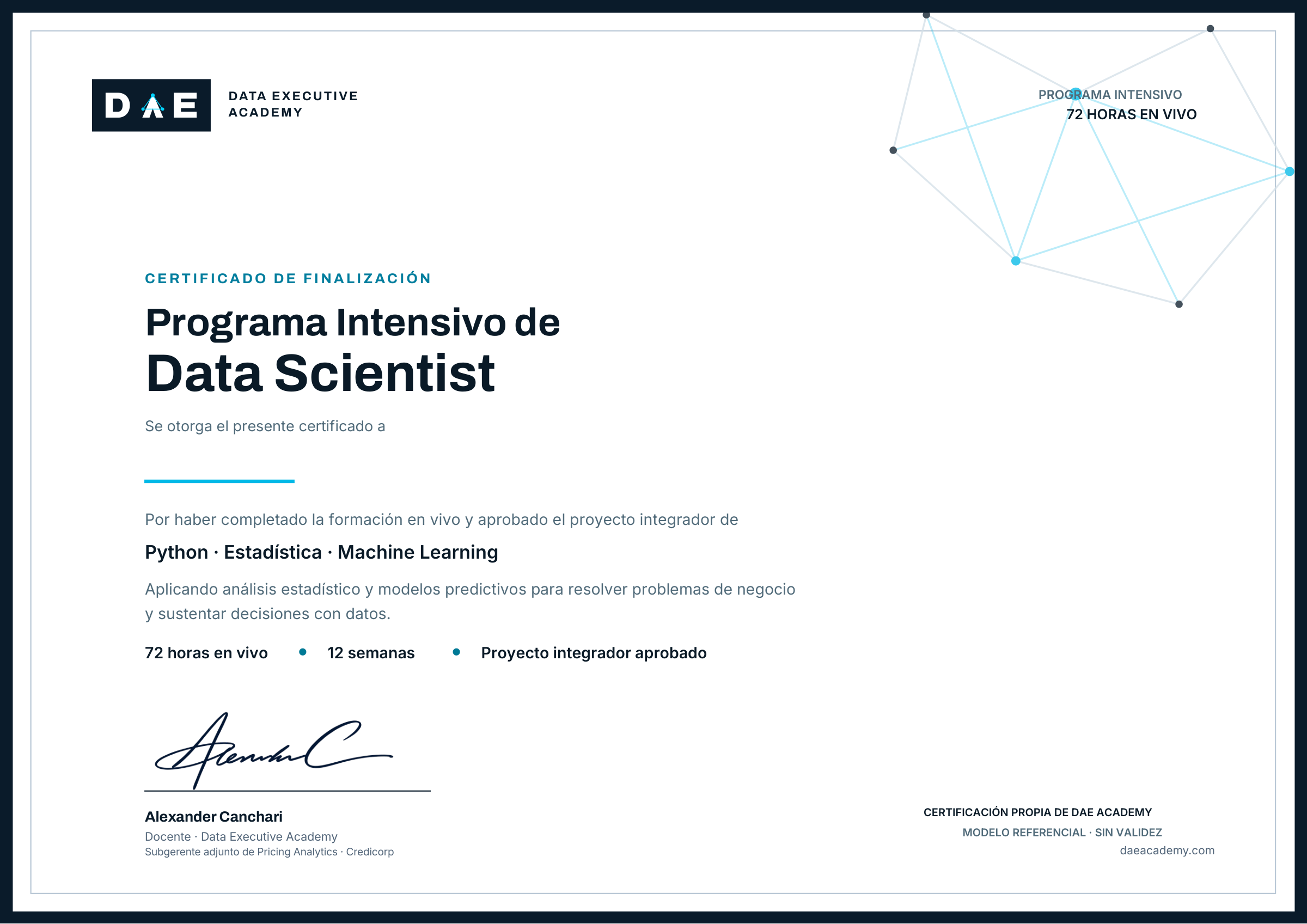 Modelo de certificado DAE del Programa Intensivo de Data Scientist, 72 horas en vivo, sin destinatario.