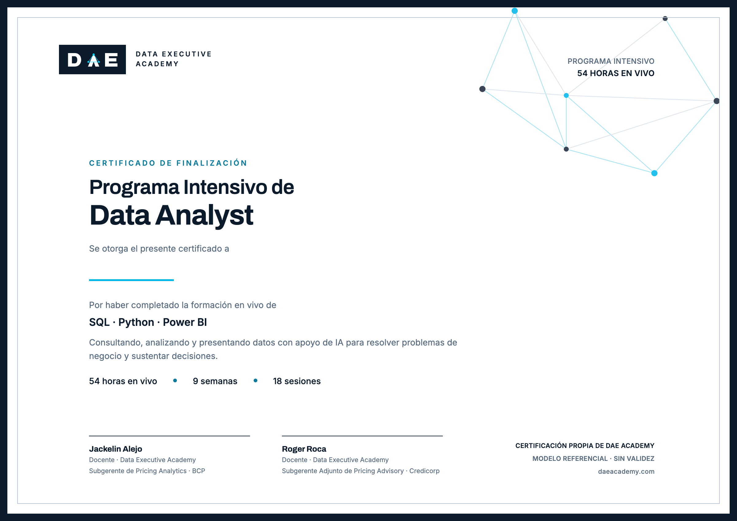 Modelo de certificado DAE del Programa Intensivo de Data Analyst, 54 horas en vivo, sin destinatario.