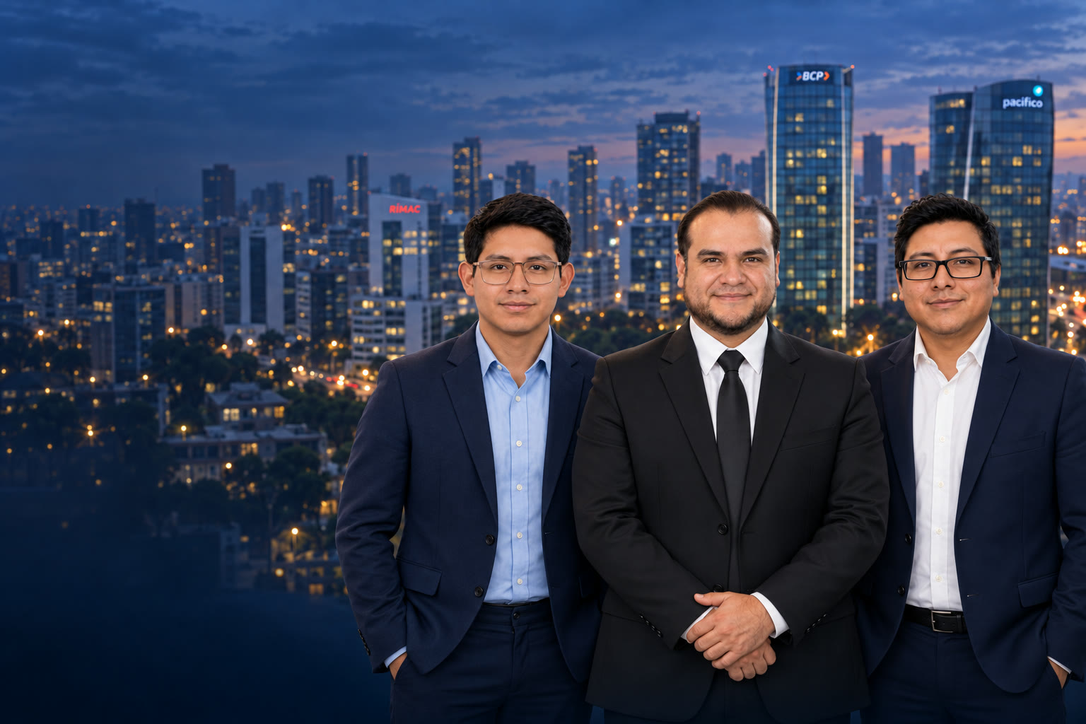 Composición con IA: Alexander Canchari, Jesús Tapia y Lázaro Monje juntos a la derecha. Fondo conceptual de San Isidro con edificios representativos de Rímac, BCP y Pacífico; no es una fotografía de una reunión real.